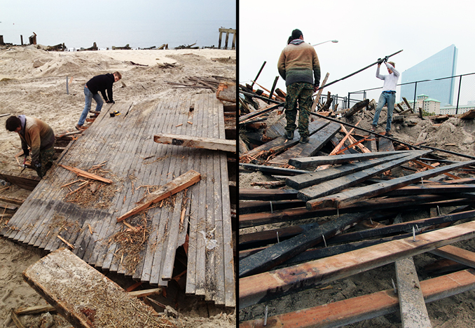 Salvaging wood at Atlantic City, NJ Boardwalk, 2013